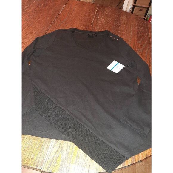 New XL Rafaella Black Long Sleeve VNeck Knit Sweater with Shoulder Detail NWT - Picture 1 of 5